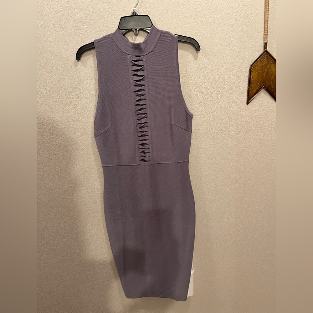 Woman’s gray stretch knit knee length dress.